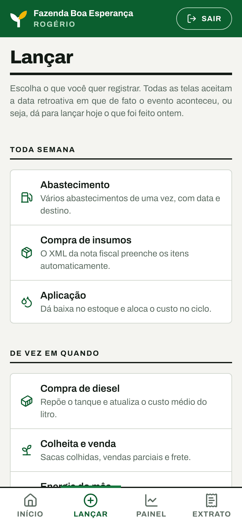 Tela de lançamento do Safra360 no celular, com abastecimento, compra de insumos e aplicação.